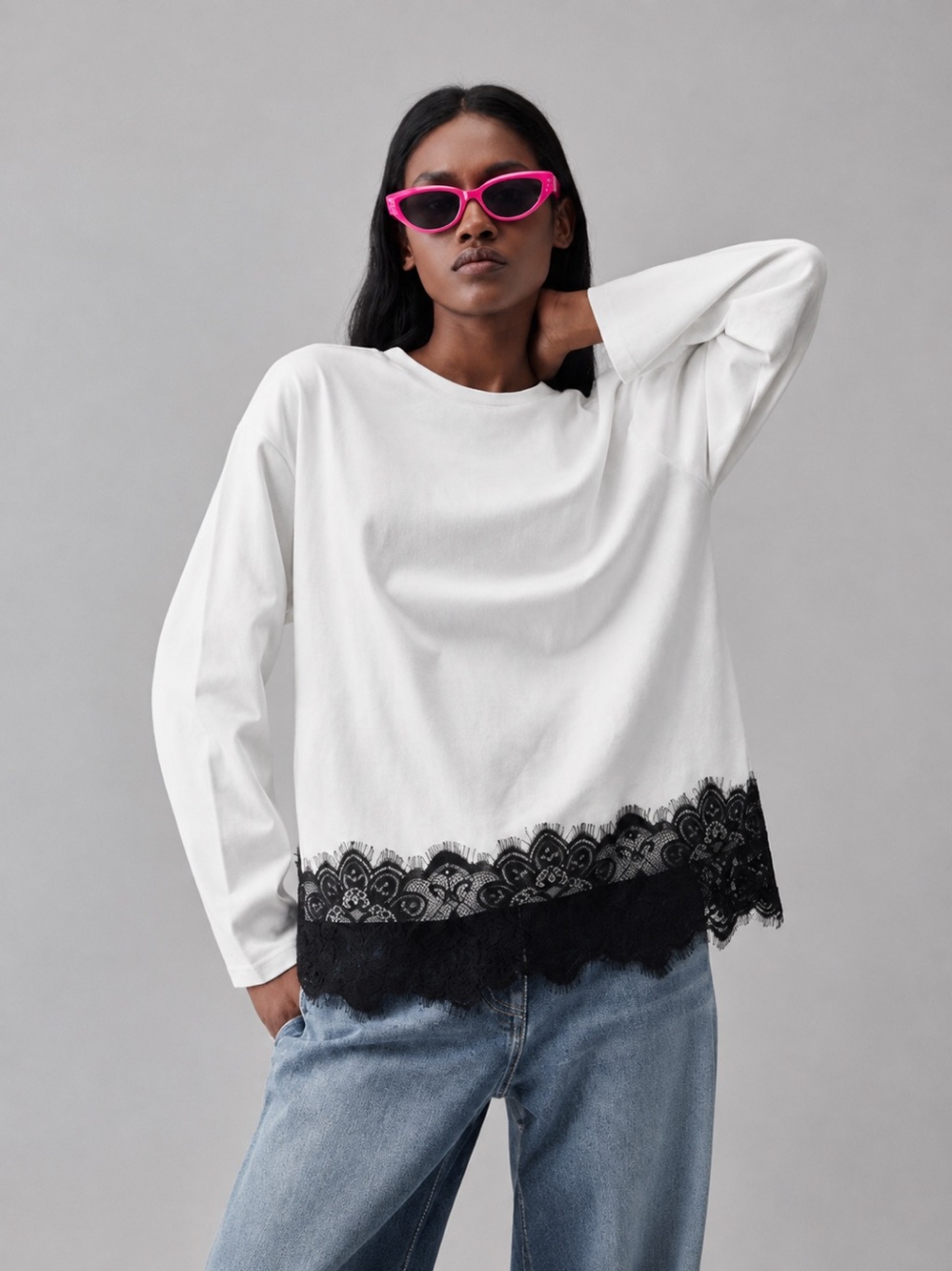 🖤 Astrid White & Black Lace Hem Oversized Cotton Blend Long Sleeve Tee | S | NWT